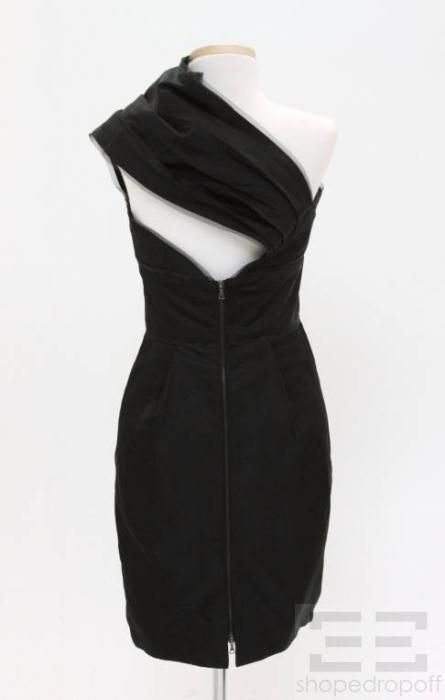 Karolina Zmarlak Black Taffeta Mesh Trim One Shoulder Dress Size XS