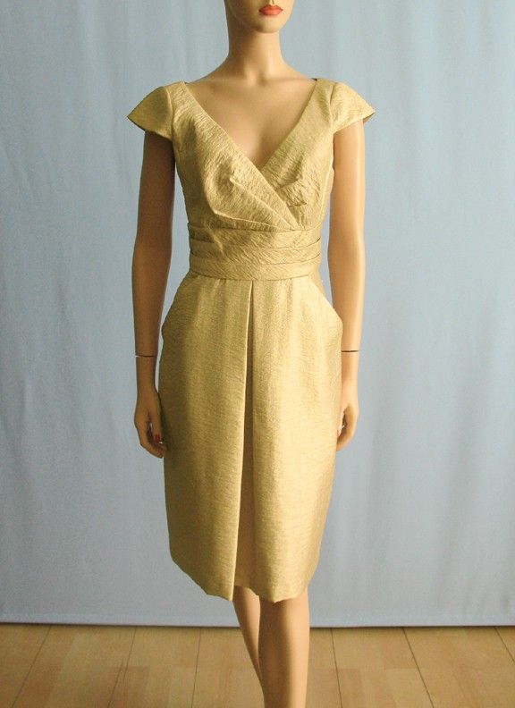 Kay Unger Inverted Pleat Hammered Satin Dress Champagne Gold 10
