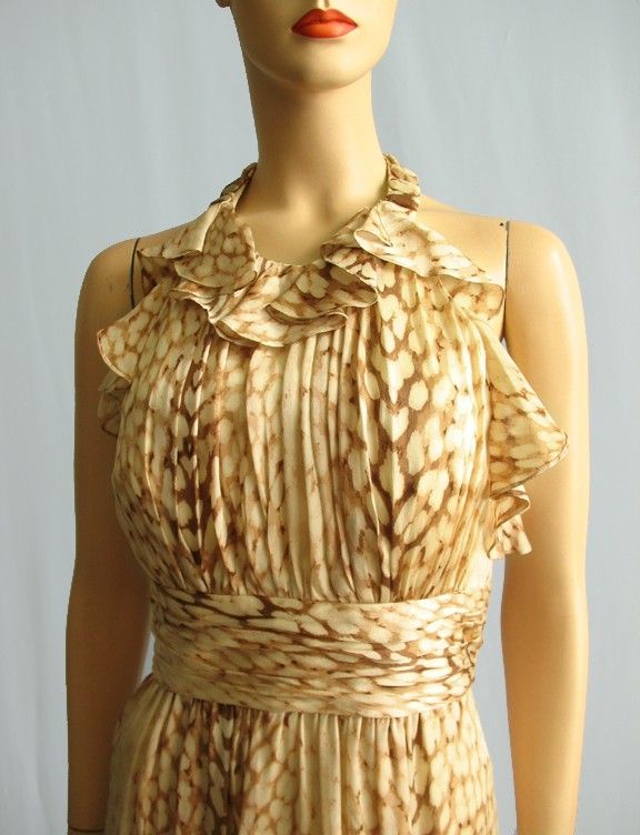 Kay Unger Brown Leopard Silk Halter Dress Sz 14