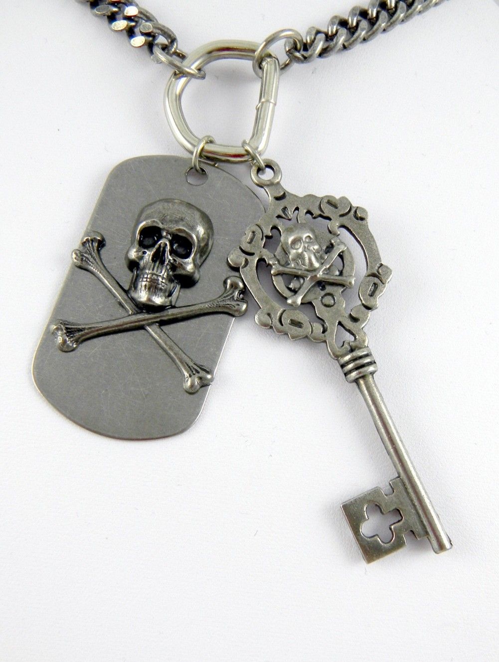 Rocker Jewelry Skeleton Key Pendant Skull Dogtag Combo Necklace