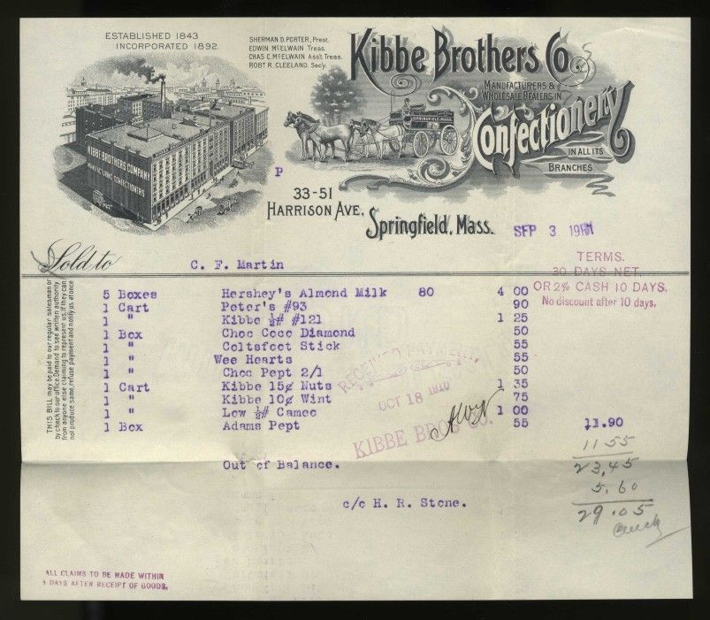 1910 Kibbe Brothers Co Confectionery Springfield MA