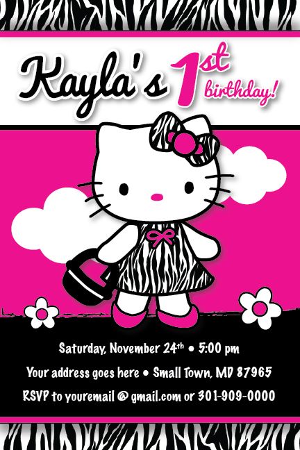 Hello Kitty Zebra Print Dress Invitation 1st Birthday Party Baby
