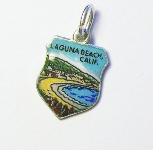 Laguna Beach California Vintage Silver Enamel Shield Travel Charm