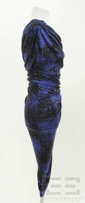 Laila Azhar Black & Blue Print Jersey Knit Ruched One Shoulder Dress