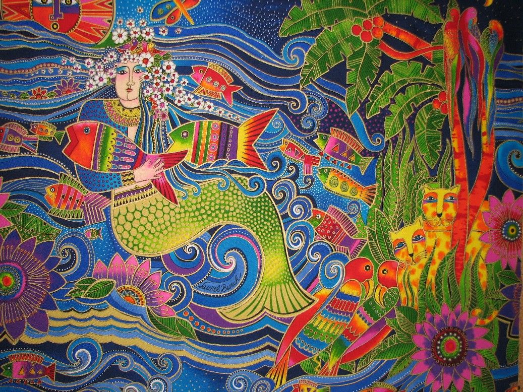 Vrare Laurel Burch Fabric Ocean Songs Quilt Panel Mermaid
