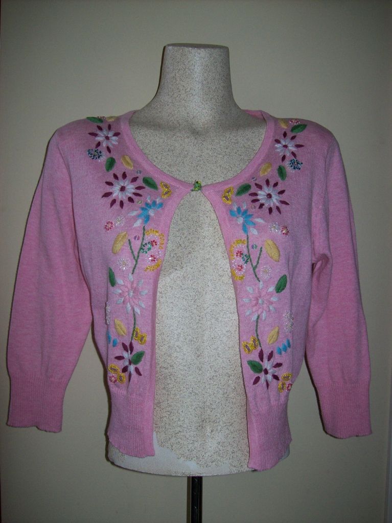Laurie B Anthropologie Pink Embroidered Floral Beaded Sweater Cardigan