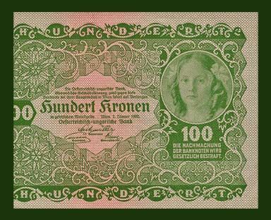 100 Kronen Banknote of Austria 1922 Young Girl UNC