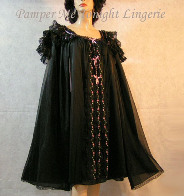Exquisite Vintage 50s Kayser Blk Chiffon Nightgown Gown Peignoir Robe