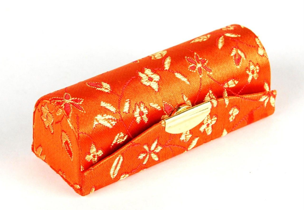 Silk Brocade Lipstick Case Orange Makeup Mirror Box