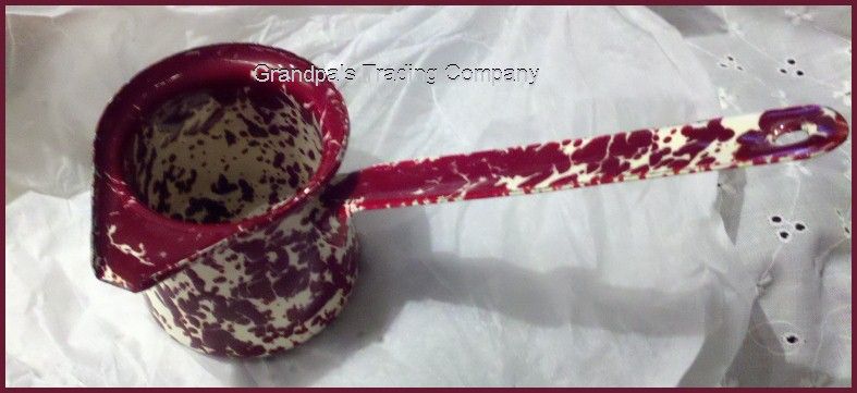 BURGUNDY & CREAM Enamelware Butter Melter NEW Sauce Ladle Dipper