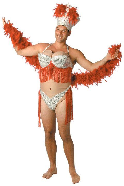 Ooh La Lola Drag Queen Costume includes Bodysuit and Headpiece. Boa