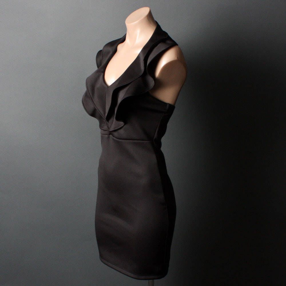 Black Ruffle Halter Fitted Cocktail Party Chic Little Black Dress Size