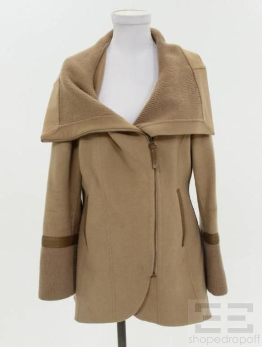 Mackage Camel Wool Rib Knit Trim Asymmetrical Zip Front Coat Size