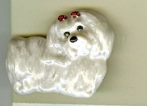 Pearlized Enamel Crystal Purebred Maltese Puppy Dog Pin Brooch