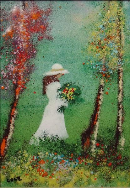 Enamel Copper Plaques Girls Picking Flowers N Park Signed Cole