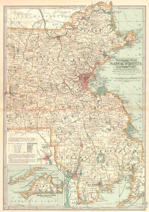 USA Massachusetts East Old Antique Map 1897