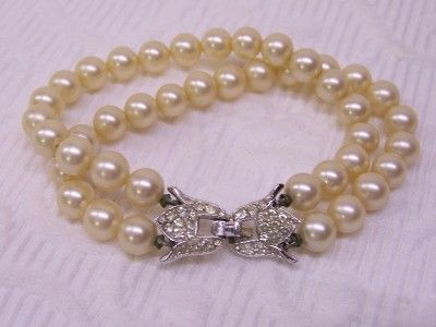 Vintage Trifari Philippe Double Strand Pearl Bracelet Pave Rhinestone