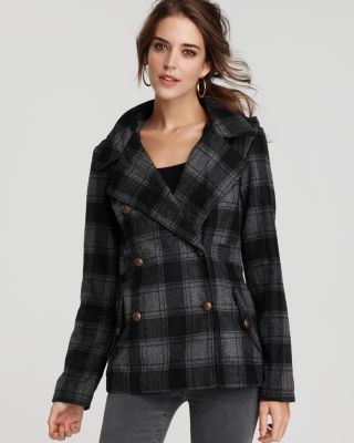 Element New Black Maude Jersey Plaid Hooded Pea Coat M BHFO