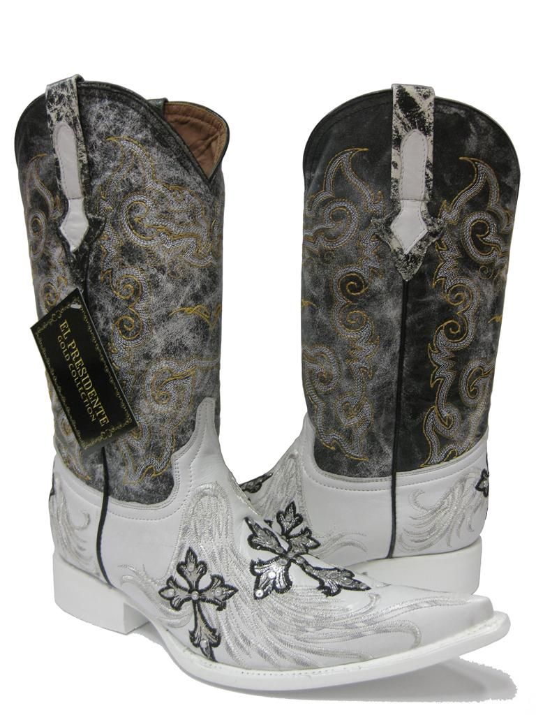 Mens White Fancy Rock Star Dance Exotic Leather Cowboy Boots Western