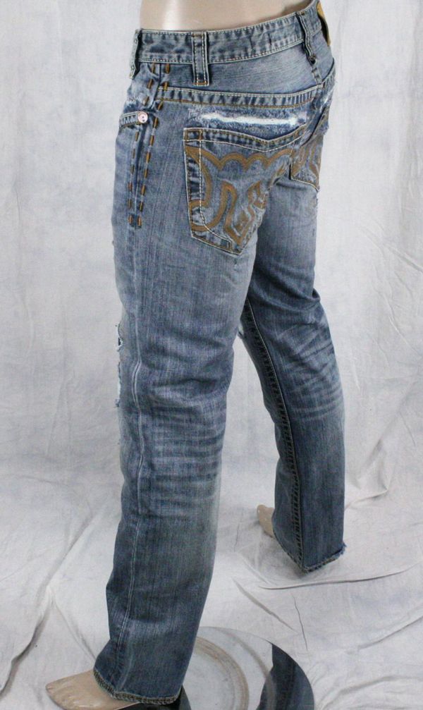 MEK Denim Jeans Mens Oaxaca Med Blue Distressed Straight Leg M1OAX4S4