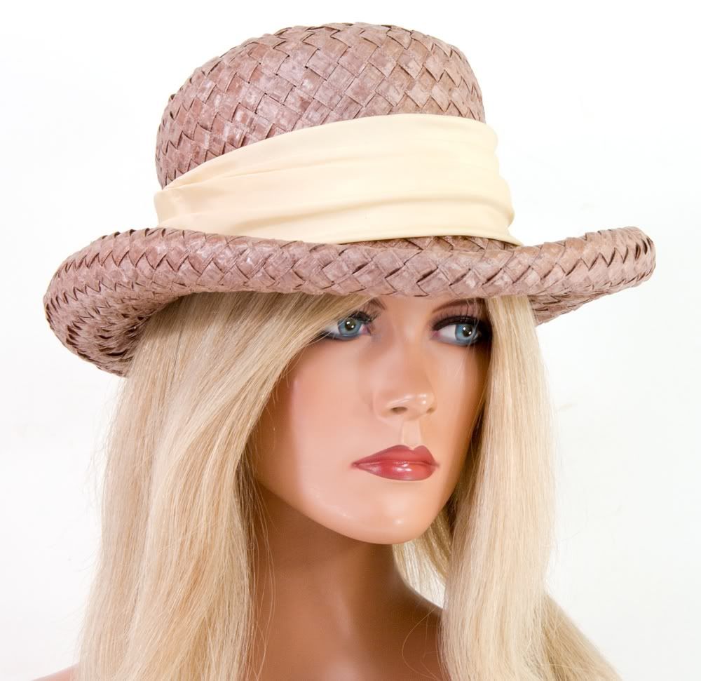 Vtg Michelle Woven Syn Straw Derby Hat Union Made Rolled Brim Bowler