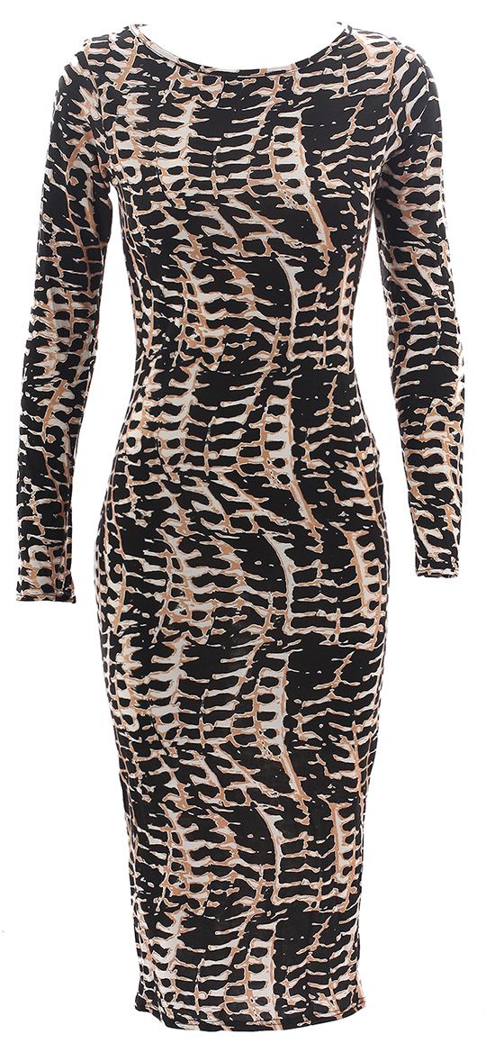 New Ladies Celeb Animal Tribal Snake Print MIDI Bodycon Party Evening