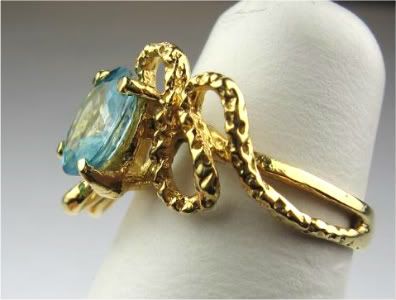 Blue Zircon Ring 18K YG Textured Polished Freeform Band Sz 5 December