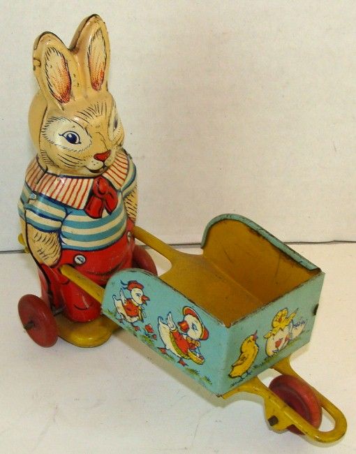 Vintage 1950s J Chein Co Made in USA Tin Rabbit Pushing Wheelbarrow