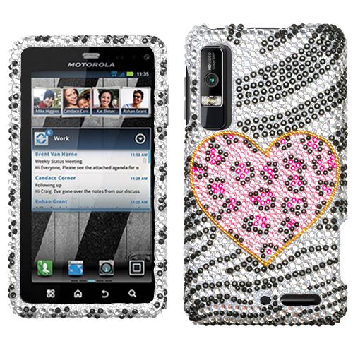 Motorola Droid 3 XT862 Verizon Rhinestone Case Silver Zebra Leopard