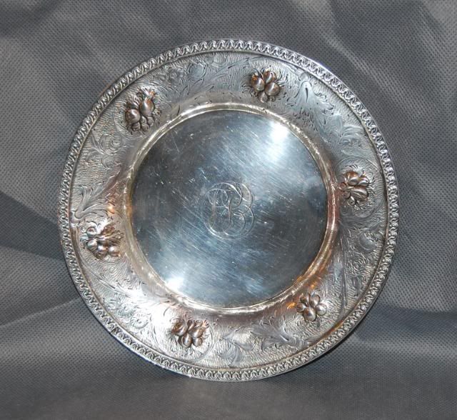 Antique Coin Silver Repousse Plate Fruits Leaves