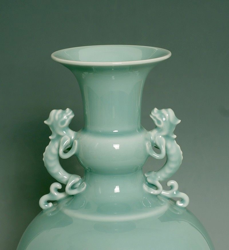 Large Antique Chinese Porcelain Glaze Green Vase 18th C Signed ED1231
