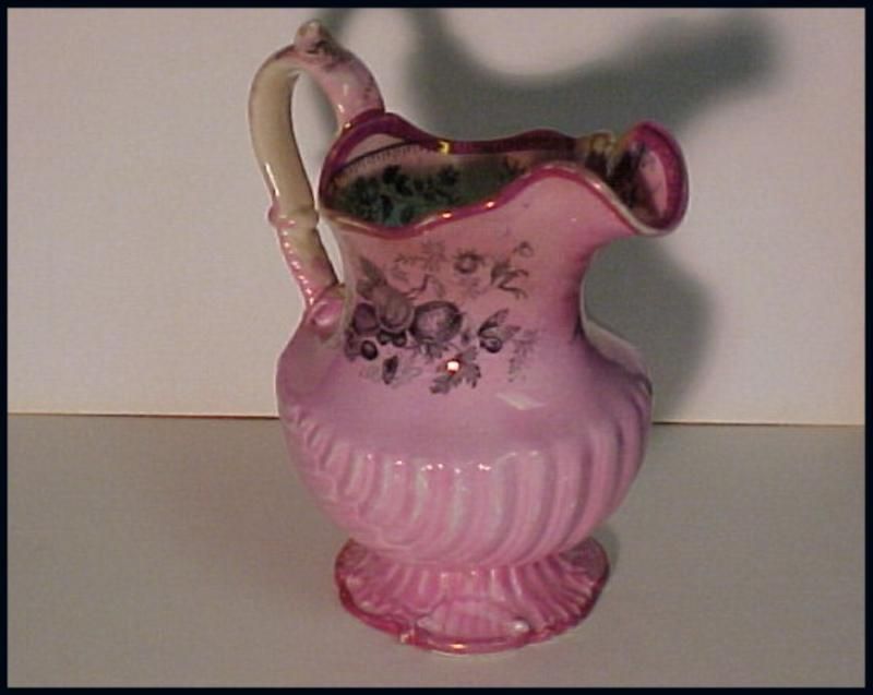 19th C Pink Luster Transferware Pitcher Nautilus Jug