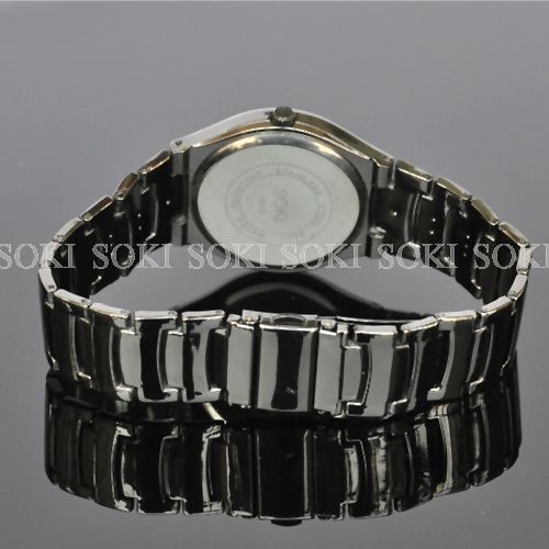 New SOKI Black Mens Analog Quartz Diamond Dial Wrist Stainless Band