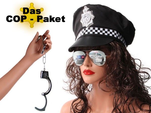 Polizei Cop Paket Polizeihut + Pilotenbrille + Handschellen Fasching