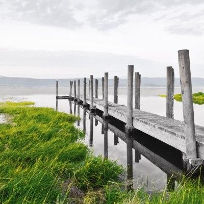 Glasbild Idyllic Jetty See Holz Steg Wasser Schilf Ruhe Entspannung