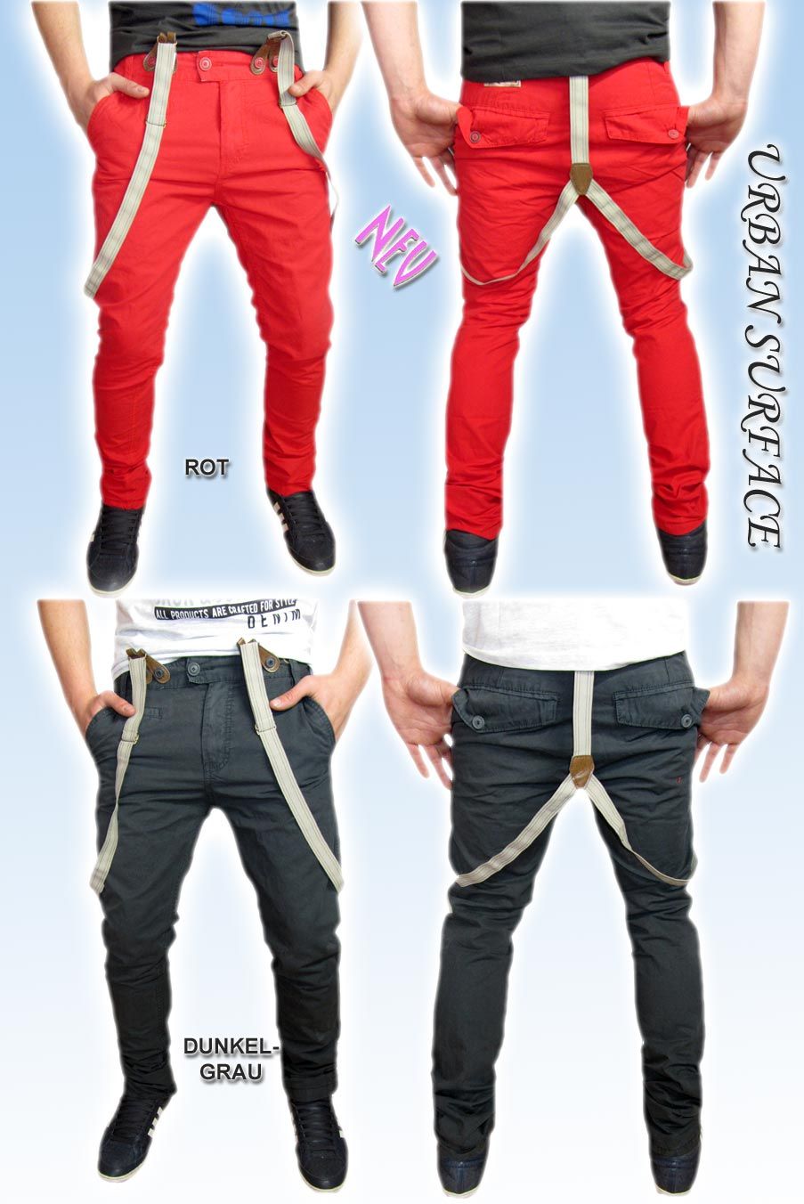 URBAN SURFACE HOSENTRÄGER CHINO HOSE PANT ROEHRE NO JEANS VIELE