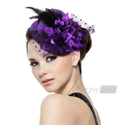 Minihut Mini Hut Haarschmuck Fascinator Schleier Blume Feder Lila