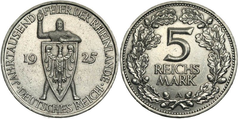 C523 J.322 Weimarer Republik 5 Mark 1925 A Rheinlande