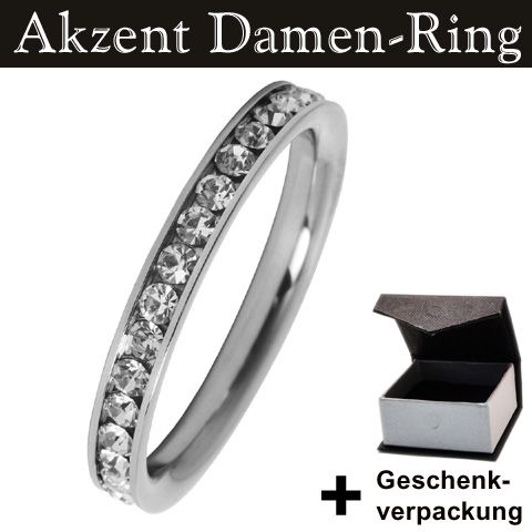 Edelstahlring Damen Ring, viele Zirkonia + Geschenkbox