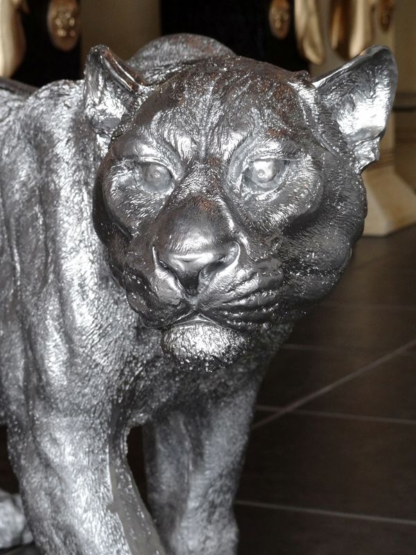 PANTHER SILBER GROß L 81 CM JAGUAR LEOPARD GARTENFIGUR DEKOFIGUR