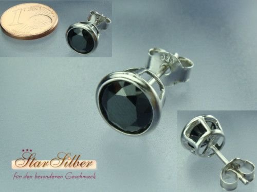 925 Silber Herren Ohrstecker Rund schwarz 8 mm rhoD