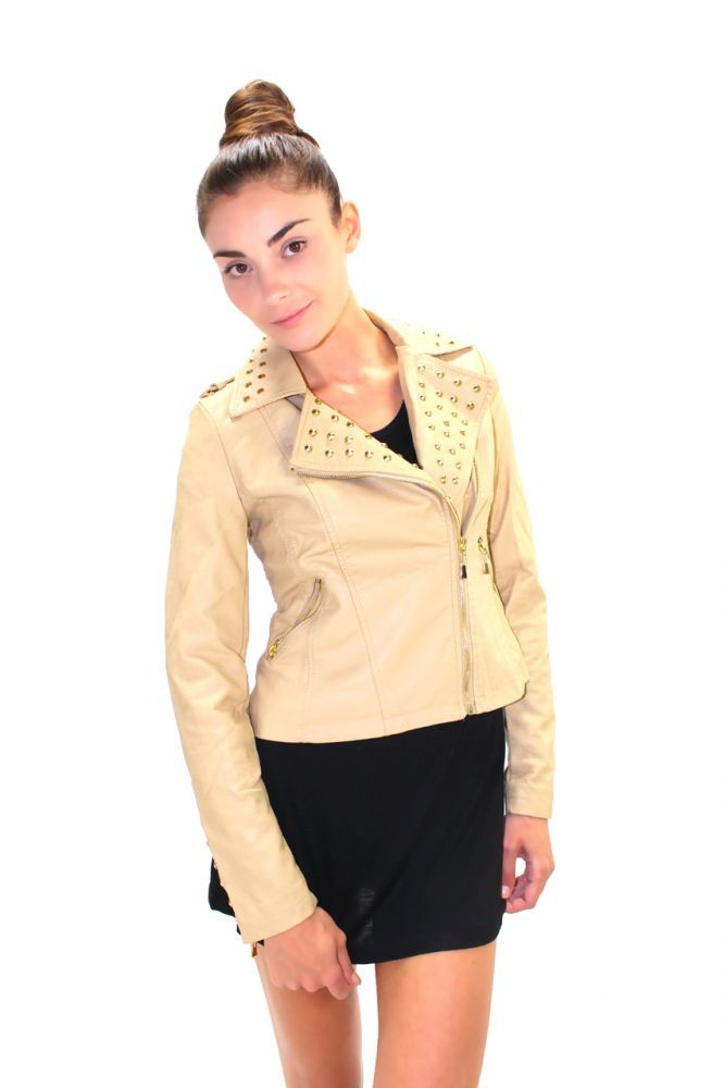 Designer Damen Kunstleder Jacke mit goldenen Nieten Beige S XL