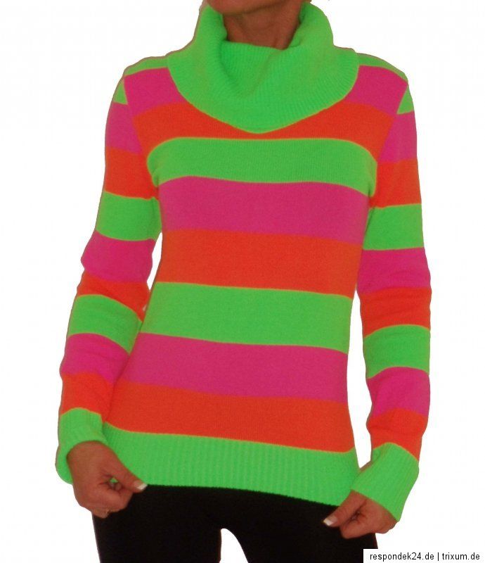 DAMEN PULLOVER PULLI ROLLI GESTREIFT NEON GRÜN NEON PINK ORANGE S, M