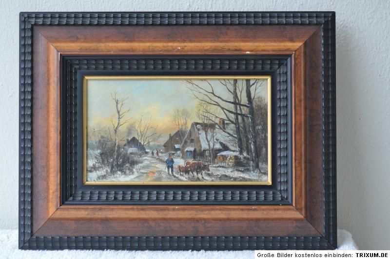 Ölgemälde Winterlandschaft Bauer mit Kuh und Kalb signiert Herbert