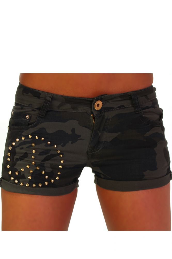 Modische Damen Short Hose Hot Pants Nieten Camouflage Khaki 34 36 38