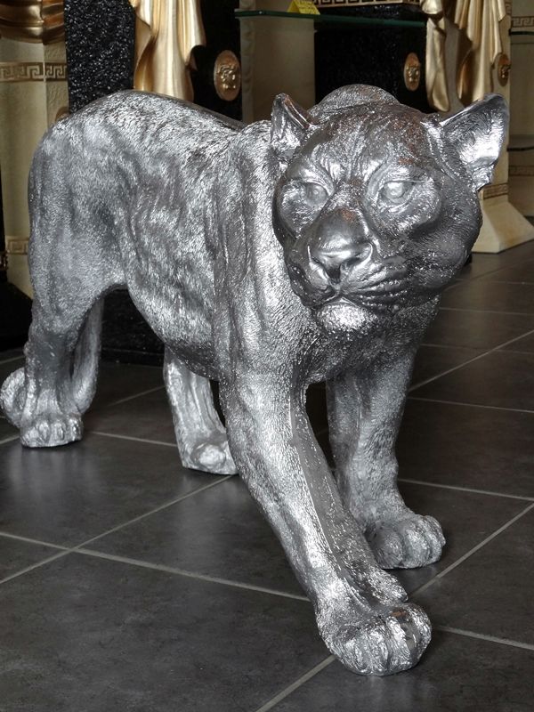 PANTHER SILBER GROß L 81 CM JAGUAR LEOPARD GARTENFIGUR DEKOFIGUR