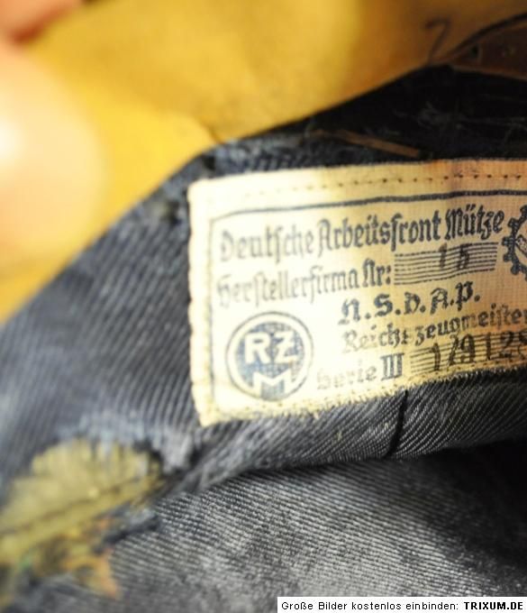 ALTE UNIFORM MÜTZE SCHILDMÜTZE DAF ARBEITSFRONT RZM LABEL