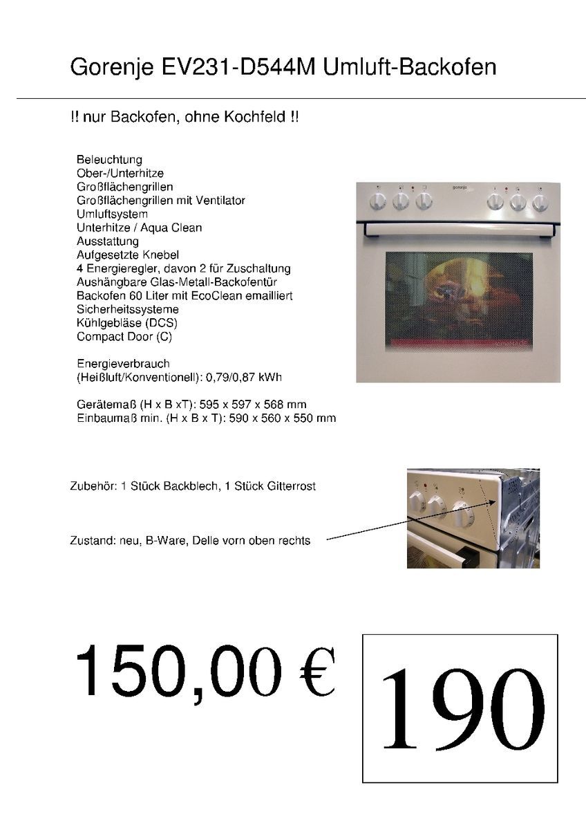 Gorenje EV231 D544M Umluft Backofen