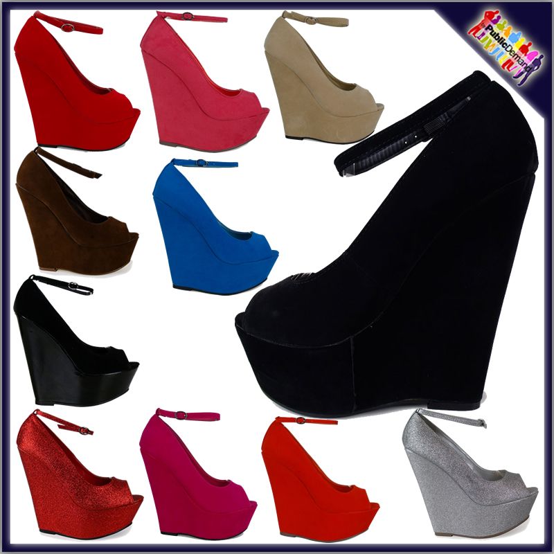 W5E Pumps Damen Plateau Keilabsatz Hoch Peeptoe Knöchelriemen 36 37