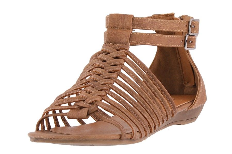 Riemchen Sandale Römer Stil Camel 2 cm Keilabsatz Designer Damenschuh